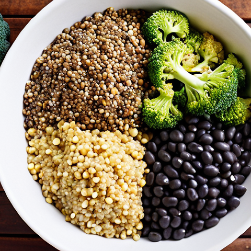 ** A vibrant spread of plant-based proteins. Lentils, black beans, quinoa, chia seeds, broccoli, and tofu are arranged artfully, emphasizing variety and freshness. Close-up shot, bright lighting.

**