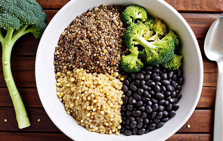** A vibrant spread of plant-based proteins. Lentils, black beans, quinoa, chia seeds, broccoli, and tofu are arranged artfully, emphasizing variety and freshness. Close-up shot, bright lighting.
**